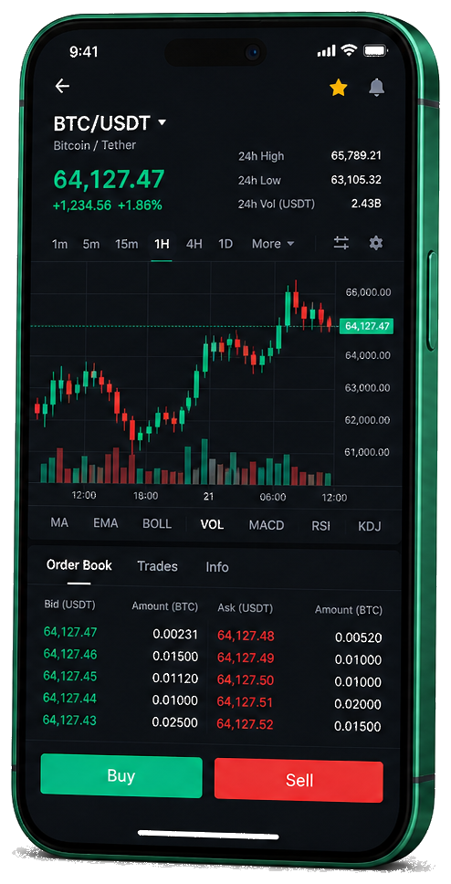 Crête Fructecte trading platform on mobile — live BTC/USDT chart, order book, and buy/sell interface